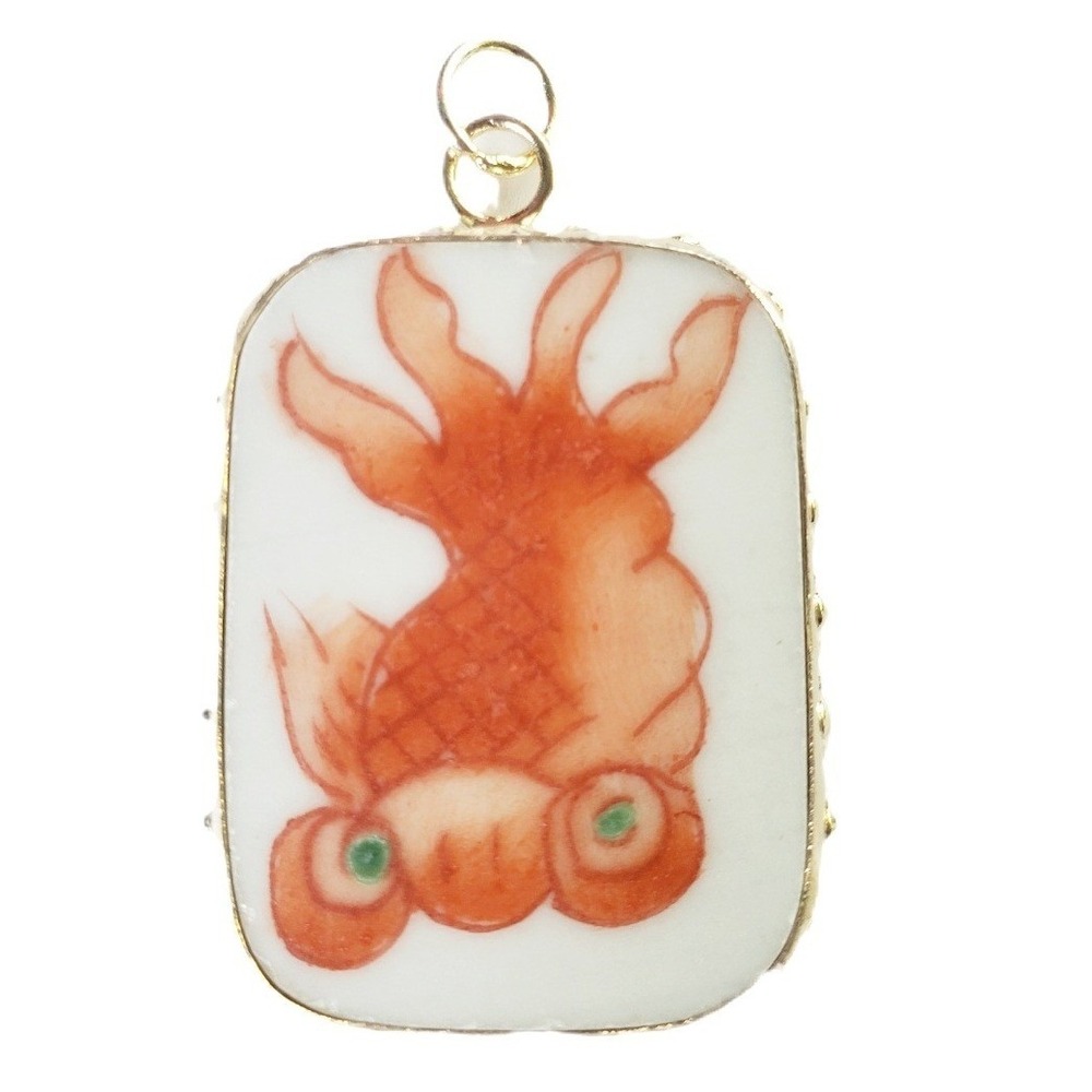 Hand Painted Porcelain Goldfish Pendant Japanese Koi Fish Focal Rectangular Tile
